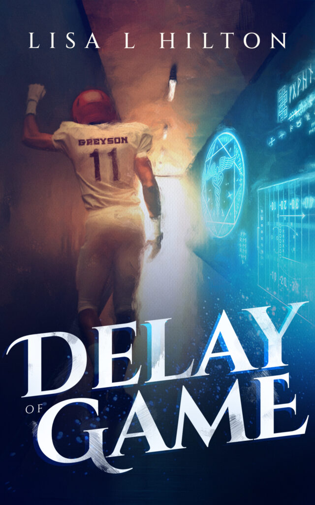 Book cover with the author's name (Lisa L Hilton) at the top and the title "Delay of Game" at the bottom. It's in a serifed font that looks a little magical, and it slants slightly to the right. There's an American football player in a tunnel with a light at the end of it. On the wall are some runes, a caduceus with runes around it, and a football play diagram, all glowing with blue magic.