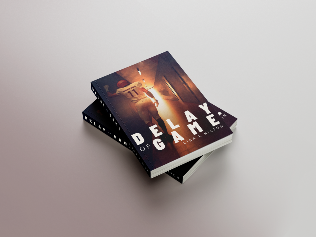 Mock-up of two books of Delay of Game, stacked on top of each other. The cover shows a football player, leaning on the wall of a tunnel, facing the end of the tunnel but not moving.